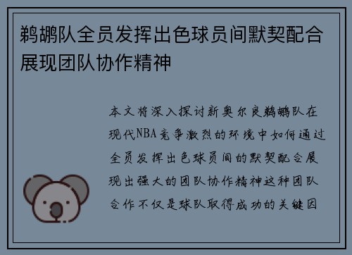鹈鹕队全员发挥出色球员间默契配合展现团队协作精神