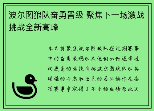 波尔图狼队奋勇晋级 聚焦下一场激战挑战全新高峰