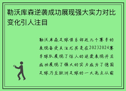 勒沃库森逆袭成功展现强大实力对比变化引人注目