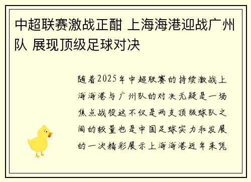 中超联赛激战正酣 上海海港迎战广州队 展现顶级足球对决